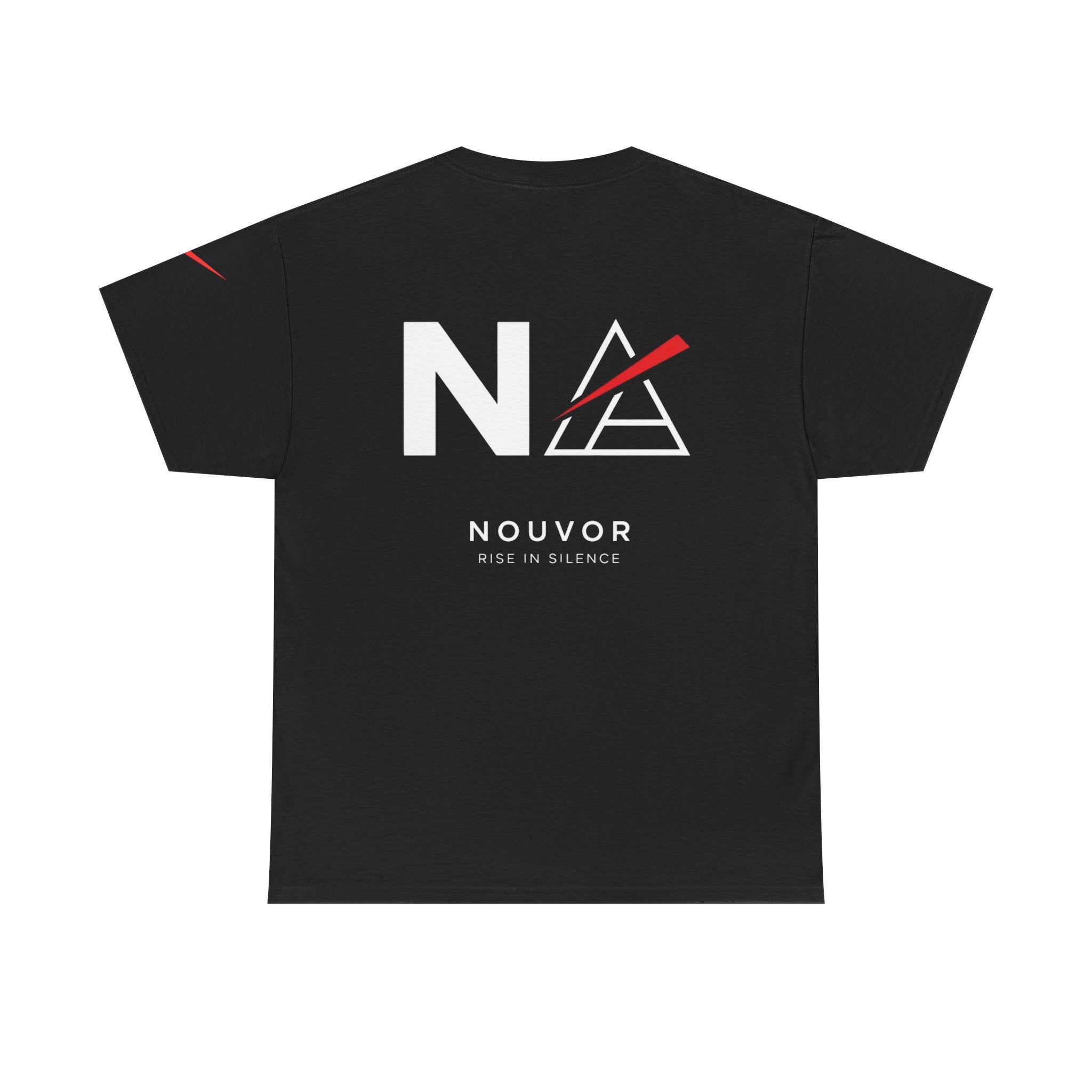 NOUVOR Logo Tee — Minimalist Black Graphic T-Shirt with 'Rise in Silence' Back Print