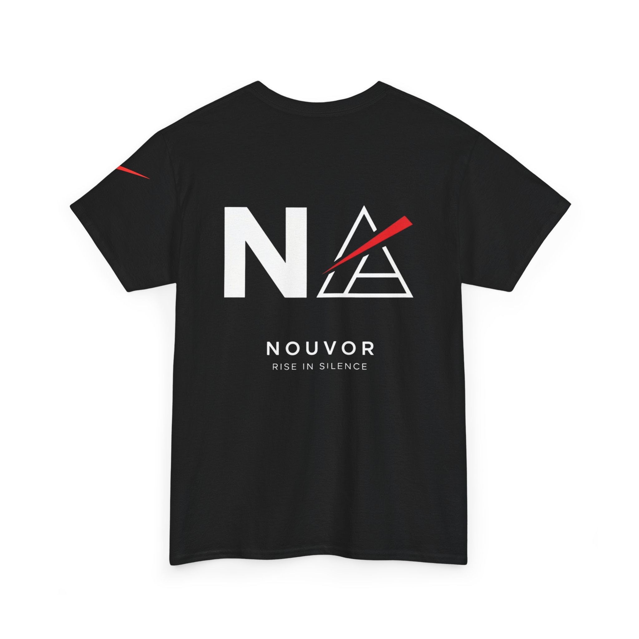 NOUVOR Logo Tee — Minimalist Black Graphic T-Shirt with 'Rise in Silence' Back Print