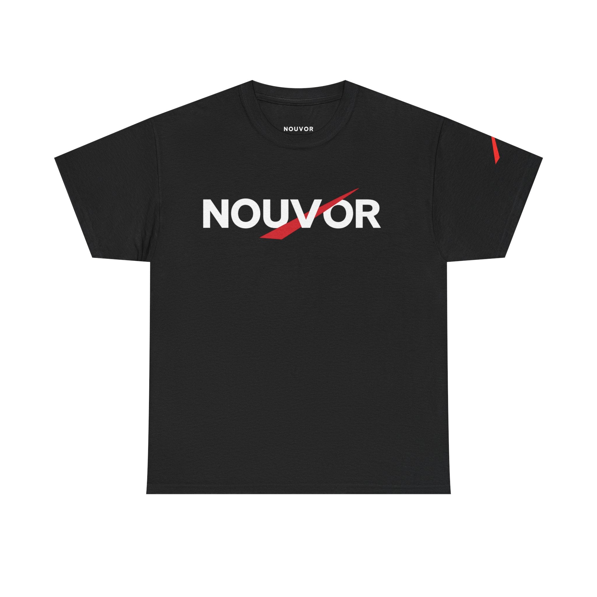 NOUVOR Logo Tee — Minimalist Black Graphic T-Shirt with 'Rise in Silence' Back Print