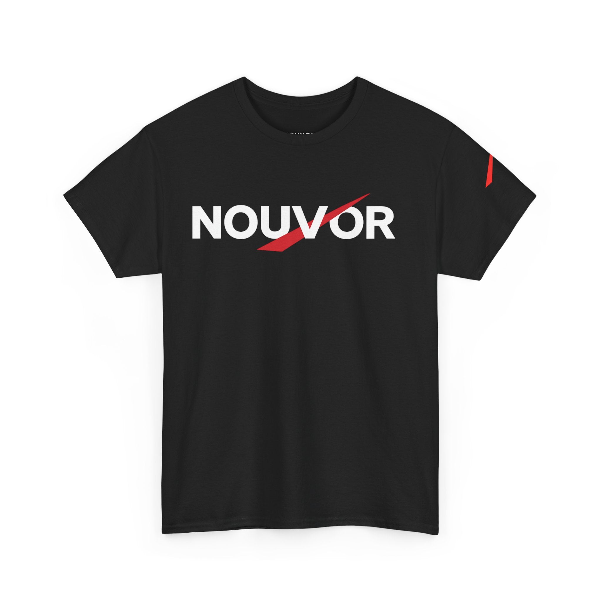 NOUVOR Logo Tee — Minimalist Black Graphic T-Shirt with 'Rise in Silence' Back Print